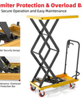 Heavy Duty Hydraulic Lift Cart With 330Lb Capacity, 49.6 Inch Max Lift Height; shown with limiter protection and overload bar.