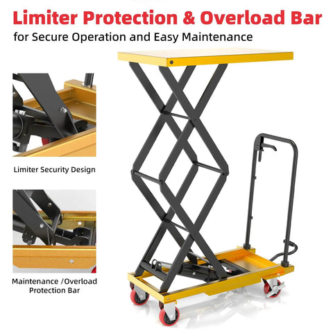 Heavy Duty Hydraulic Lift Cart With 330Lb Capacity, 49.6 Inch Max Lift Height; shown with limiter protection and overload bar.