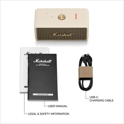 Emberton III Portable Bluetooth Speaker with rugged waterproof build shown with user manual and USB-C charging cable in cream.