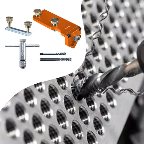 Heavy Duty Aluminum Profile Tapping Guide Drill Jig For Metal Extrusion Tracks with drill bits, precision alignment for quick setup.