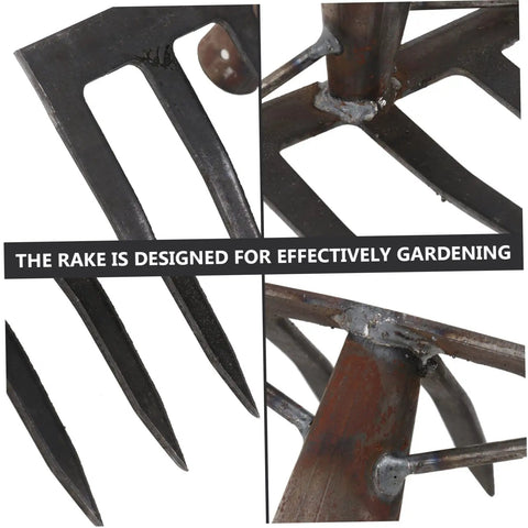 Heavy Duty Soil Rake For Gardening And Farming Plowing Aerating And Mixing Soil Tough As Nails Durable Steel Rake Tool in close-up