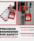 10 Pack Red Lockout Tagout Padlocks Set, Keyed Alike With 1 Key Per Lock, OSHA Compliant LOTO Industrial Grade Locks For Lockout Device And Electrical Safety Kits displayed next to danger tags and electrical panel.
