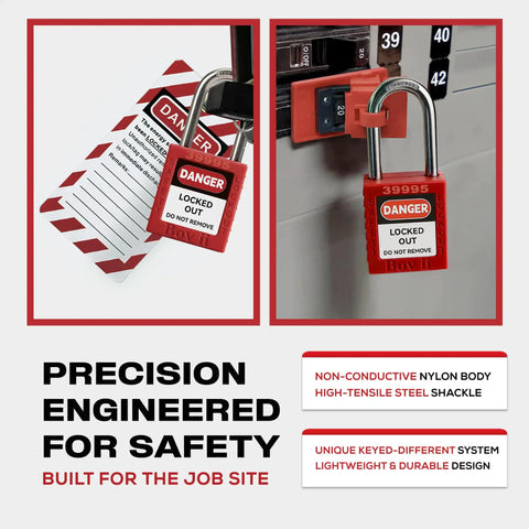 10 Pack Red Lockout Tagout Padlocks Set, Keyed Alike With 1 Key Per Lock, OSHA Compliant LOTO Industrial Grade Locks For Lockout Device And Electrical Safety Kits displayed next to danger tags and electrical panel.