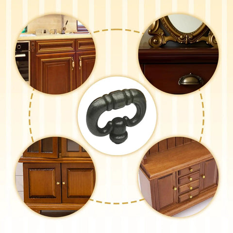 Solid As A Rock Matte Black Ring Knobs For Kitchen Cabinets And Bedroom Drawers Vintage Drop Design shown on wooden cabinet.
