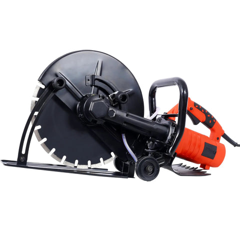 Hardcore 14 Inch Concrete Saw With Water Line And Dust Extraction Port Rips Right Through Concrete And Porcelain 15 Amp Wet Dry Power Tool No Fuss Operation Dead Straight Cuts side view showing blade and handle.