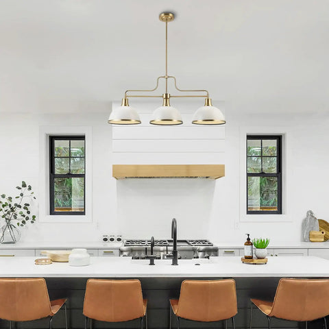 Kitchen with Three Light Linear Chandelier in Matte White with Brass Accents, adjustable height, over island, modern glam luxe vibe