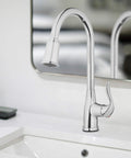 High Arc Pull-Down Kitchen Faucet With Single Lever Handle In Polished Chrome, Easy No-Fuss Operation, Generous Pot Clearance, Dual Spray Modes