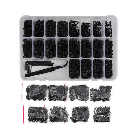 Hardcore 2040 Piece Metric Bolt Kit Hex Socket Screws M2 M3 M4 M5 Assortment in a clear storage tray with black zinc coated bolts.