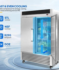 Heavy Duty 49 Cubic Foot Commercial Reach In Refrigerator Two Door Fridge Cooler With No Hassle Auto Defrost and Adjustable Wire Shelves side view.