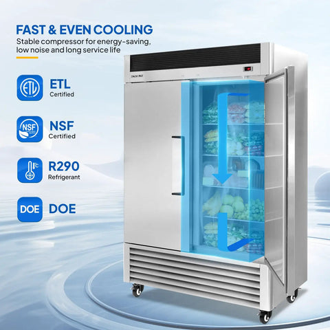 Heavy Duty 49 Cubic Foot Commercial Reach In Refrigerator Two Door Fridge Cooler With No Hassle Auto Defrost and Adjustable Wire Shelves side view.