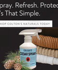 Cedar Wood Spray With Lavender Extract Non Chemical Wood Protection Cedar Scent Bottle with pinecones and folded sweaters