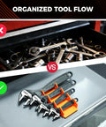 Comparison of scattered wrenches in drawer vs. organized Four Piece Adjustable Wrench Set With 6, 8, 10, 12 Inch Wide Jaw Spanners