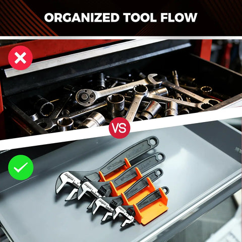 Comparison of scattered wrenches in drawer vs. organized Four Piece Adjustable Wrench Set With 6, 8, 10, 12 Inch Wide Jaw Spanners