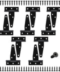 Premium 3 Inch Black Strap Hinges 10 Pack With Rust Resistant Iron Construction And No Sweat Mounting Hardware for shed doors, showing hinges and screws.