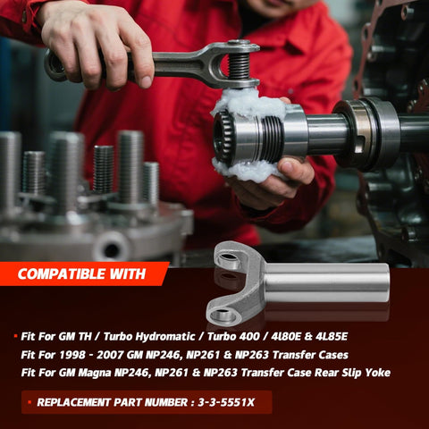 Mechanic working on Transmission Slip Yoke For Turbo 400 TH 400 4L80E 4L85E And Torque Converter 1350 Series U Joint Replaces 3-3-5551X