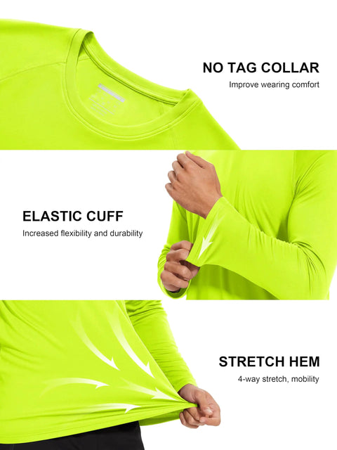 Men's Long Sleeve UV Protection Baselayer Shirt For Running And Hiking, Quick Dry Moisture Wicking, Breathable UPF 50+, Fluorescent Green shirt details