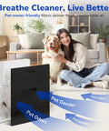 Woman with dog in living room, displaying HPA300 Compatible Replacement Filter Kit for air purifiers with pet-friendly benefits.
