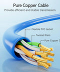 Close-up of Slim Blue Cat6 Patch Cables with flexible PVC jacket and pure copper core, showcasing twisted pairs for efficient transmission.