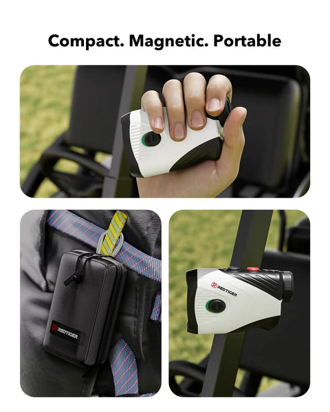 Golf Rangefinder With Slope Switch And Magnetic Mount For Easy Yard Reads, 1200 Yard Range, in hand and clipped to bag.