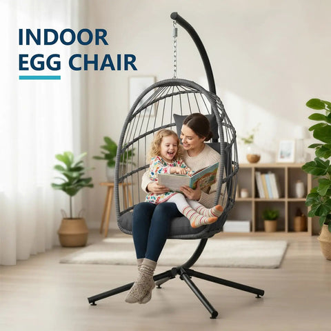 Outdoor Indoor Hanging Egg Chair With Stand Cushioned Swing Seat In Dark Grey Wicker Hammock For Patio Or Bedroom Weather Resistant PE Wicker Ergonomic Comfort 350 Lbs Capacity, in living room with mother and child sitting