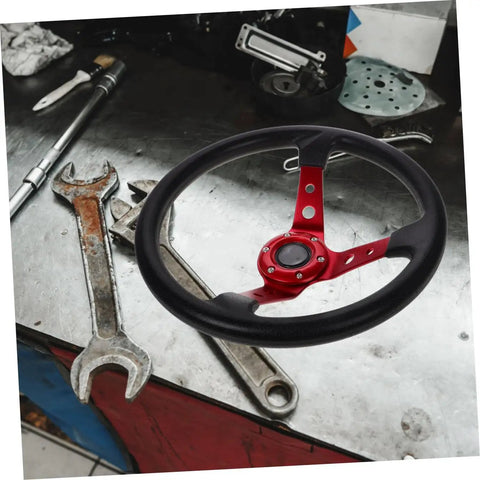 14 Inch Racing Steering Wheel for Cars and Golf Carts PU Drifting Wheel With Horn Button Red 350mm Diameter on Workshop Table