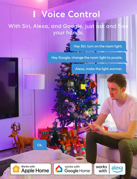 Smart WiFi LED Light Bulb With HomeKit Siri Alexa Google Home SmartThings used for voice-controlled ambient lighting in living room.