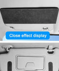 Custom Cut Sun Visor Extender Shield For Tesla Cybertruck 2024 To 2026 in black suede, close-up view showing elastic strap mount.