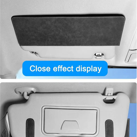 Custom Cut Sun Visor Extender Shield For Tesla Cybertruck 2024 To 2026 in black suede, close-up view showing elastic strap mount.