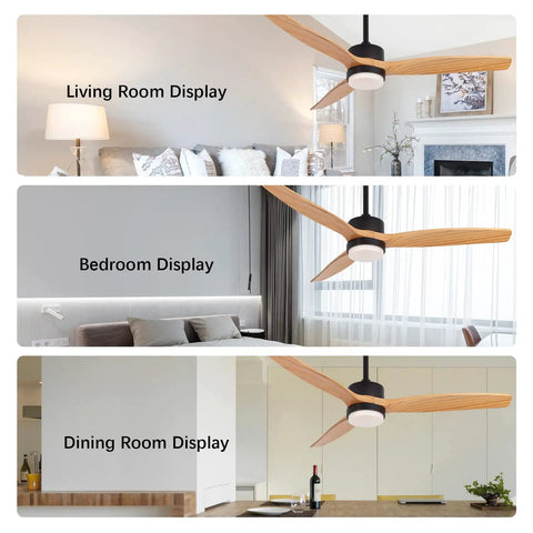 52 Inch Ceiling Fan With Remote Control And Lights 3 CCT 22W Black Indoor Outdoor Ceiling Fan With 3 Wood Blades, room display