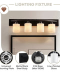 Four Light Bathroom Vanity Lights Over Mirror With Modern Glass Shade Panel In Matte Black Finish Hollywood Style Wall Sconce