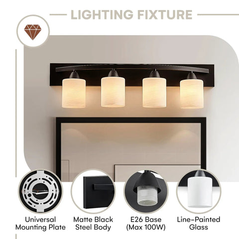 Four Light Bathroom Vanity Lights Over Mirror With Modern Glass Shade Panel In Matte Black Finish Hollywood Style Wall Sconce