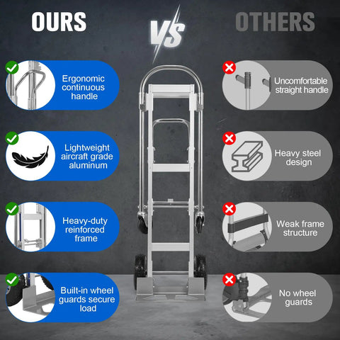 Convertible Aluminum Hand Truck With Two Wheel To Four Wheel Switch, Folding Hand Cart, Swivel Design, Wide Loading Platform, Rust Proof Aluminum Alloy, Large Pneumatic Rear Wheels For Warehouse, Store, And Job Site. Comparison graphic
