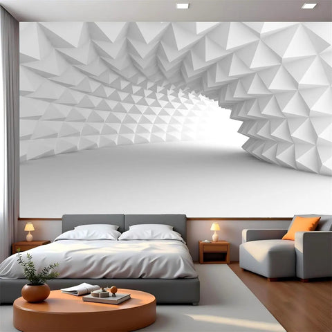 Dope 3D Abstract Arch Tunnel Wall Murals Peel And Stick Large Poster Set For Bedroom And Office Decor Self Adhering Wallpaper Six Panels Each 23.6 By 98.4 Inches Transform Blank Walls Into Modern Art, displayed above a modern bedroom setting.