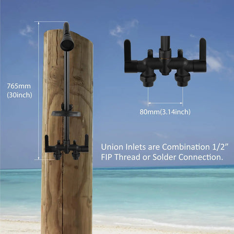 Outdoor Shower Kit With 3 Inch Center Faucet System, Exposed Shower With Two Handles, Matte Black, Brass Mix Valve on beach
