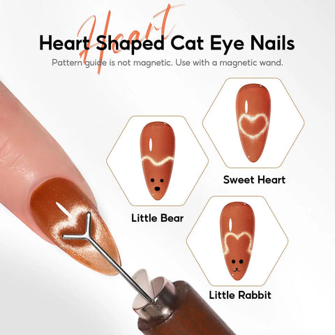 Cat Eye Nail Magnet Set 10pc With 3 In 1 Magnetic Pen And Dual Head Wand showing heart-shaped designs on nail