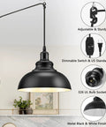 Plug In Industrial Pendant Light With 12.86 Ft Cord And Dimmer Switch, Vintage Ceiling Lamp For Barn Kitchen Dining Room Living Room Cafe Bar, UL Listed, Easy Install, Durable Fixture For Dope Industrial Vibe. Metal black and white finish shade, adjustable wire, dimmable switch.