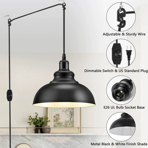 Plug In Industrial Pendant Light With 12.86 Ft Cord And Dimmer Switch, Vintage Ceiling Lamp For Barn Kitchen Dining Room Living Room Cafe Bar, UL Listed, Easy Install, Durable Fixture For Dope Industrial Vibe. Metal black and white finish shade, adjustable wire, dimmable switch.