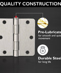 Interior Door Frame Hinges 3-Pack, Water-Resistant And Pre-Lubricated For Left Or Right Handed Doors, Steel Construction, Satin Nickel Finish