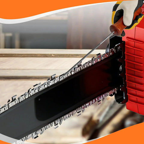 Person using 10 Piece Chainsaw Sharpener Kit With Round Files 5/32 In 3/16 In 11/64 In, 6 Inch Flat File, Depth Gauge on chainsaw