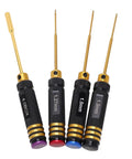 Four Piece RC Screwdriver Set Aluminum Alloy Repair Tool Kit With 1.27mm 1.3mm 1.5mm Hex And 4mm Socket displayed in a row