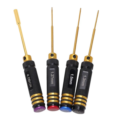 Four Piece RC Screwdriver Set Aluminum Alloy Repair Tool Kit With 1.27mm 1.3mm 1.5mm Hex And 4mm Socket displayed in a row