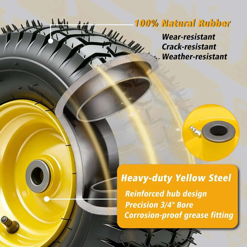 Nuphtun 15x6.00-6 Lawn Mower Tire And Wheel Assembly With Yellow Hubs, Perfect Pre-Mounted Upgrade Kit For Easy Push Mowers Featuring Iron Bushings And Secure Bearings, yellow steel hub and 3/4 inch bore