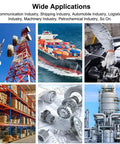 Collage showing telecommunication tower, cargo ship, machinery repair, warehouse shelves, industrial gears, petrochemical plant