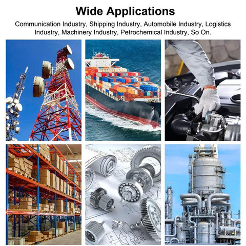 Collage showing telecommunication tower, cargo ship, machinery repair, warehouse shelves, industrial gears, petrochemical plant