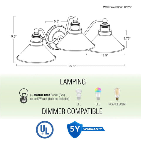 Diagram of Welton 25.5 Inch Three Light Modern Farmhouse Vanity Light With Funnel Shades, dimensions and lamp compatibility.
