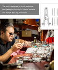 Watch Repair Kit 10 Piece Spring Bar Plier Tool Set with man working on watch at cluttered desk, highlighting alloy steel tools.