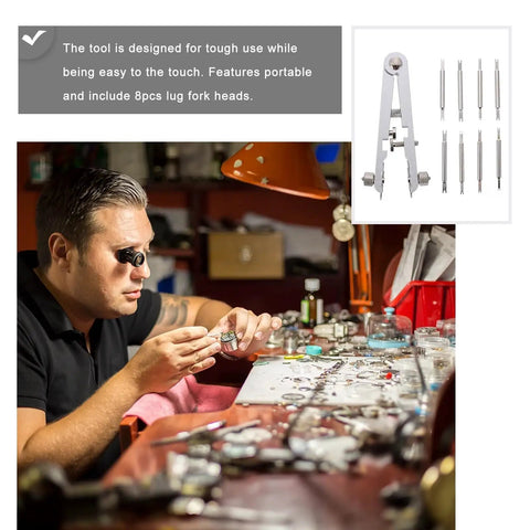 Watch Repair Kit 10 Piece Spring Bar Plier Tool Set with man working on watch at cluttered desk, highlighting alloy steel tools.