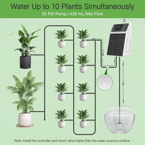 Image of Solar Powered Drip Irrigation System With USB C Dual Power No Fuss DIY Watering Kit For 10 Potted Plants setup.