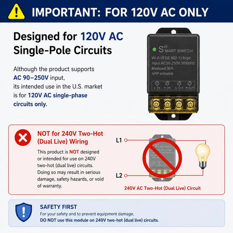 High Power 30A WiFi Smart Switch 110V 120V 240V With App Remote And Timer; caution for 120V AC single-pole circuits only