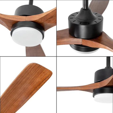 Close-up of 52 inch solid wood ceiling fan with lights and remote, low profile farmhouse style, reversible quiet DC motor.